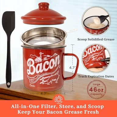 Ayerphalo Bacon Grease Container with Strainer - With Food-Grade Silicone Spatula, 46oz Large Enamel Rustic Farmhouse Fat Container, Keeper, Recipes, Dishwasher Safe - Image 3