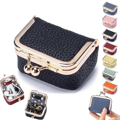 Leather Mini Jewelry Box, Portable Vintage Leather Coin Purse Jewelry Box with kiss Lock, Mini Travel Ring Box for Earrings/Rings/Necklaces/Bracelets - Image 1