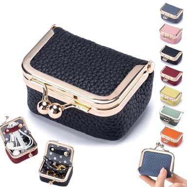 Leather Mini Jewelry Box, Portable Vintage Leather Coin Purse Jewelry Box with kiss Lock, Mini Travel Ring Box for Earrings/Rings/Necklaces/Bracelets - Image 1