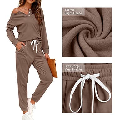 WIHOLL Two Piece Outfits for Women Autumn, V Neck Sweatshirts Tracksuit Khaki XL - Image 4