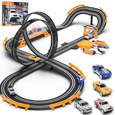 Slot Car Race Track Sets with 4 Slot Cars, Electric Race Car Track Include Slope Circular Overpass Track, Dual Racing Game Featuring Flash Bridge and Pendulum, Gifts Toys for Boys Kids Age 6 7 8-12 - Image 1