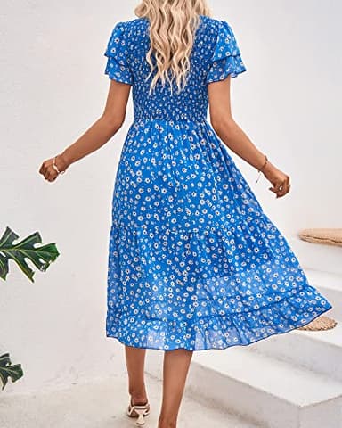 BTFBM Women Casual Summer Short Ruffles Tiered Sleeve Smocked Midi Dresses Bohemian Floral V Neck Wedding Guest Long Dresses - Image 5