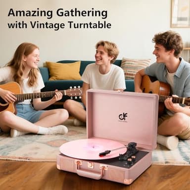 Vinyl Record Player 3-Speed Portable Suitcase Record Player with Built-in Speakers, Headphone Jack, RCA-Out/AUX-in, Vintage Belt-Driven Turntable, Pink & Rose Gold - Image 8