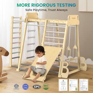 Upgraded Indoor Playground 9-in-1 Jungle Gym Kids Climbing Toys, Montessori Philosophy Waldorf Style Wooden Climber Playset with Slide, Swing, Monkey Bars, Upright/Rope Ladder, Climb Rocks/Net, Pink - Image 7