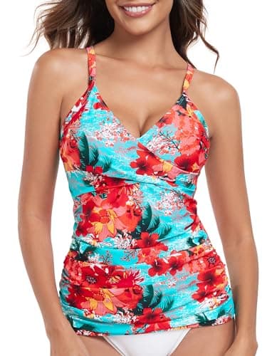 RELELCIGA Women’s Tankini Top V Neck Ruched Tummy Control Bathing Suit Top(Blue Floral,M) - Image 1