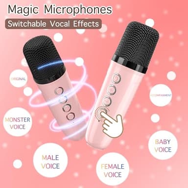 Mini Karaoke Machine with 2 Wireless Microphones, Adults Kids Toys, Gems Stickers, Portable Bluetooth Speaker, Christmas Birthday Gifts for Girls 4, 5, 6, 7, 8, 9 + Year Old (Pink) - Image 4