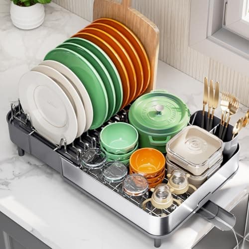 Expandable Dish Drying Rack,Foldable 304 Stainless Steel Dish Rack with Dual Parts, Extendable Dish Drainer Rack for Kitchen Counter, Dish Drying Rack with Cutlery Holder Gray - Image 1