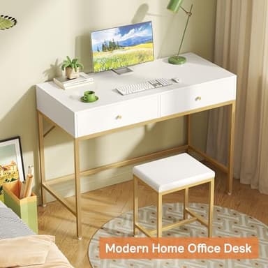 SUPERJARE 35.4" White and Gold Desk with 2 Drawers, Modern Makeup Vanity with Padded Stool, Small Computer Desk Home Office Desk for Writing Study Bedroom - Image 7
