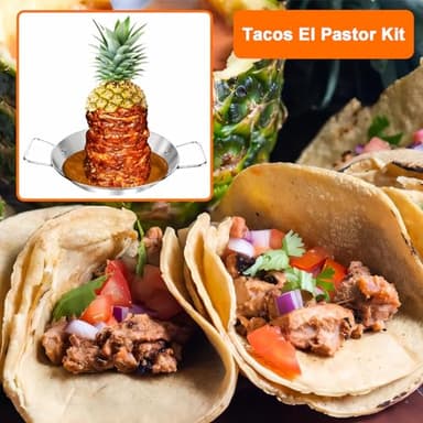 Al Pastor Skewer for Grill, 10 Inch Brazilian Spit Stand with 5 Spikes & 2 Brushes, Tong, Pad, Stainless Steel Vertical Sticks, Gyro Pan with Fat Separator for Tacos Al Pastor, Shawarma, Chicken - Image 7
