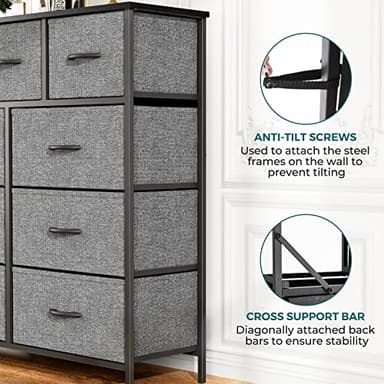 OLIXIS Dresser for Bedroom, 9 Storage Drawers, Wide Fabric Closet Chests Organizer Tower Furniture, TV Stand with Wooden Top Metal Frame for Clothes, Living Room, Hallway, Entryway, Classic Grey - Image 5