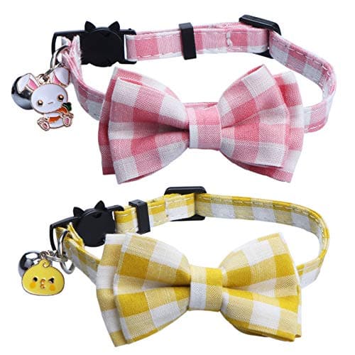 STMK 2 Pack Easter Plaid Cat Collars with Bow Tie Bell, Breakaway Adjustable Cat Kitten Plaid Collars with Bowtie Bell Bunny Chick for Cats Kittens (Pink & Yellow) - Image 1