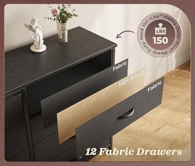 Huuger 63 Inch Long Dresser for Bedroom, TV Stand for 65, 70 Inch TV, 12 Drawer Dresser for Closet, Chest of Drawers, Large Fabric Drawers for Bedroom, Media Console with Storage, Black - Image 5
