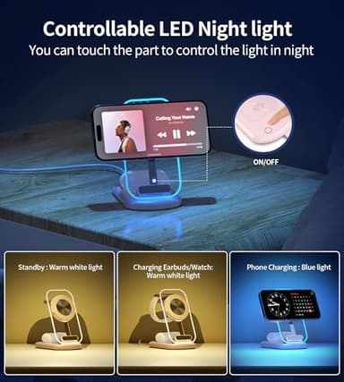 3 in 1 Magnetic Wireless Charging Station for Apple Devices, Fast Foldable Travel Mag-Safe Charger Stand with Night Light for iPhone 16 15 14 13 12 Series, Apple Watch/AirPods Pro，PK - Image 2