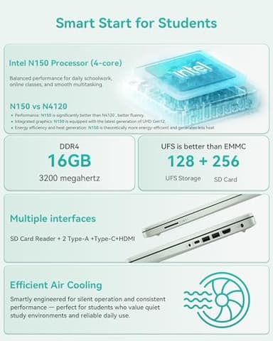 HP 2025 14 Inch Ultra Light Laptop, Stylish Willow Green, Intel Processor N150, 16GB RAM, 384GB Storage(128GB UFS+256GB MSD), Wi-Fi 6, Windows 11 Pro, Copilot Key - Image 3