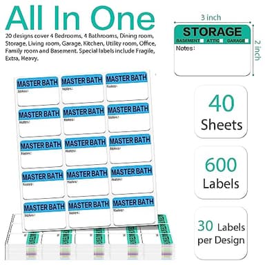600 Count 3 x 2 Large Home Moving Packing Box Labels for 3-4 Bedroom House with Writable Notes Areas, 17 Color Coded Moving Labels for Boxes + Fragile Moving Stickers + Heavy and Blank Labels - Image 2