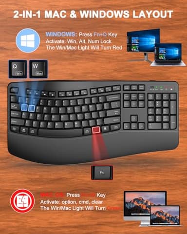 QUASIO Ergonomic Wireless Keyboard with Wrist Rest, Wave Keys, Comfortable Natural Typing, 2.4GHz Full Size Ergo Wireless Computer Keyboard for Multi-OS, Windows, Mac OS Laptop/PC/Notebook (Black - Image 5