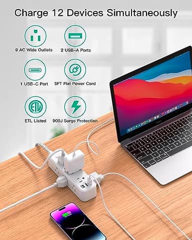 Mifaso Extension Cord, Surge Protector Power Strip, Extension Cord with 9 Outlets 3 USB Ports, Extension Cord with Multiple Outlets, 5FT USB Power Strip for Dorm Room Essentials, College, White - Image 2