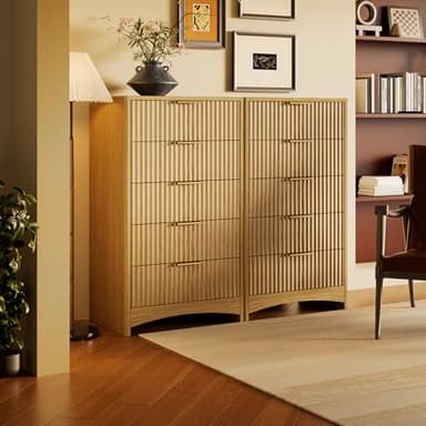 Marsail Fluted 5-Drawer Tall Wooden Dresser, Smooth Gliding Drawers & Large Capacity Storage Space, Modern Organizer Cabinet for Bedroom or Hallway, Natural Oak - Image 3