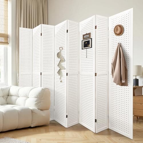 Grungis 8 Panel Room Divider with Pegboard Display 5.6FT Wood PegBoard Room Dividers, Folding Privacy Screens Portable Freestanding Partition Wall Divider for Art Shows & Room Separation, White - Image 1