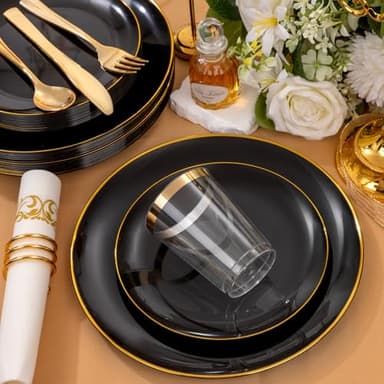 Supernal 350pcs Black & Gold Plastic Dinnerware Set, Elegant Black Plates with Golden Edges, Gold Plastic Silverware, Durable Tableware Perfect for Birthdays, Parties, Wedding, Celebration - Image 9