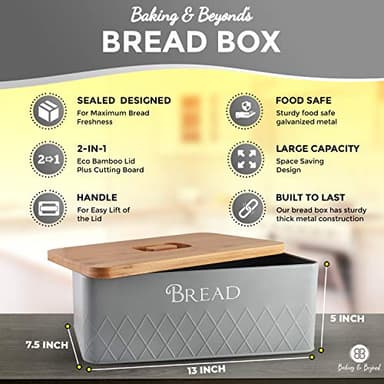 Baking & Beyond Space-Saving Bread Box with Bamboo Cutting Board Lid,13"x7.5"x5" for Kitchen Countertop, Bread Storage Container Holder, Bread Keeper Bin - Fresh Loaves - Image 2