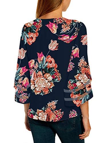 LookbookStore Women's V Neck Floral Printed Mesh Patchwork Blouse 3/4 Bell Sleeve Loose Spring Top Shirt Navy Blue Size Large - Image 2