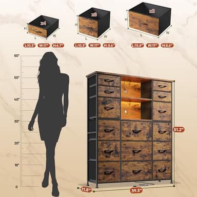 EnHomee 51" H Dresser with 15 Drawers Dresser for Bedroom with Charging Station & LED Lights & Hutch Sturdy Fabric Bedroom Dressers, Steel Frame, Wood Top, Rustic Brown, 51.2" H x 39.3" W x 11.8" D - Image 3