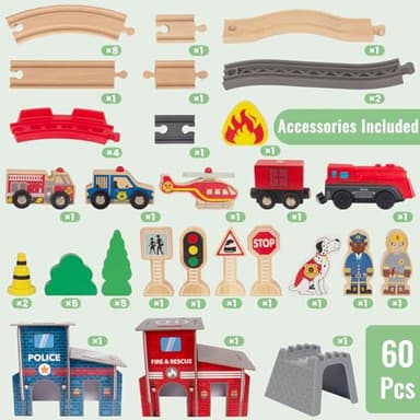 WoodenEdu Wooden Train Set for Toddler - 60 Pcs- with Wooden Tracks fits Thomas, fits Brio, fits Chuggington, fits Melissa and Doug - Expandable, Changeable-Train Toy for 3 4 5 Years Old Girls & Boys - Image 2
