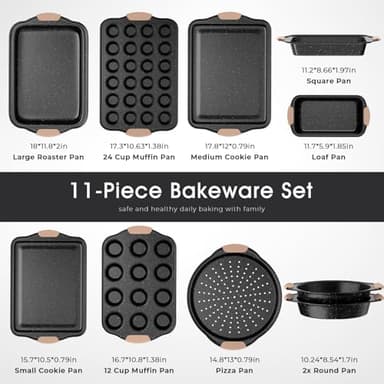 Slow Slog 11-Piece Baking Pans Set, Nonstick Bakeware Sets, Oven Pans for Baking with Silicone Handles, Includes Cookie Sheet, Cake Pans, Loaf Pan, Pizza Pan, Muffin Pan, Khaki&Black - Image 3