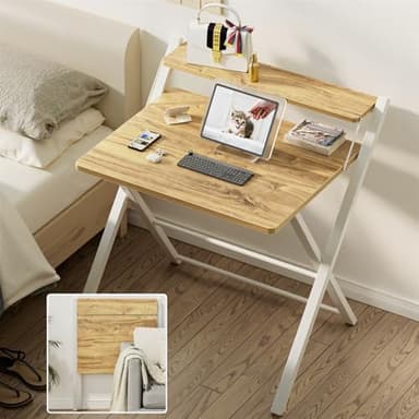 GreenForest Portable Small Desk No Assembly, 2-Tier Compact Computer Desk with Shelf, Space Saving Foldable Table for Home Office, Bedroom or Apartment, Portable Collapsible Sturdy Laptop Desk, Oak - Image 9