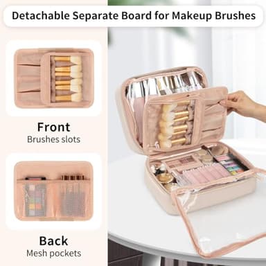 OCHEAL Makeup Bag, Make up Travel Bag Large Capacity Waterproof Cosmetic Organizer Bag with Makeup Brush Compartment & Handle for Women Girls Travel Toiletry Accessories-Beige - Image 5