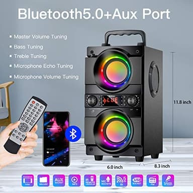 60W (80W Peak) Portable Bluetooth Speaker with Double Subwoofer Heavy Bass, Bluetooth 5.0 Wireless 100ft Outdoor Speaker, Support FM Radio, LED Colorful Lights, Stereo Sound, for Home, Party, Travel - Image 2