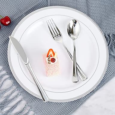 FOCUSLINE 300 Pack Silver Plastic Cutlery Set - 100 Forks, 100 Knives, 100 Spoons - Disposable Flatware Heavy Duty Plastic Silverware Set for Catering, Parties, Dinners, Weddings - Image 6