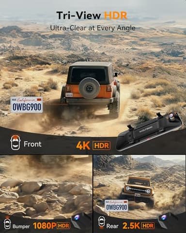 WOLFBOX G900 Tripro Bumper Version 3 Channel 4K Mirror Dash Cam, STARVIS 2 IMX678 Night Vision, 4K+2.5K+1080P Front and Rear Bumper Dash Cam, 5.8GHz WiFi, Voice Control, Includes 256GB Card & GPS - Image 2