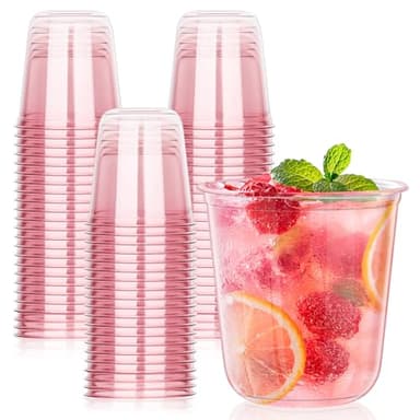 KesaPlan 50 Pcs Pink Plastic Cups, 12oz Disposable Stemless Wine Glasses for Cocktail Cute Clear Cocktail Wine Glasses Pink Party Cups for Meeting Wedding Christmas Holiday Party - Image 1