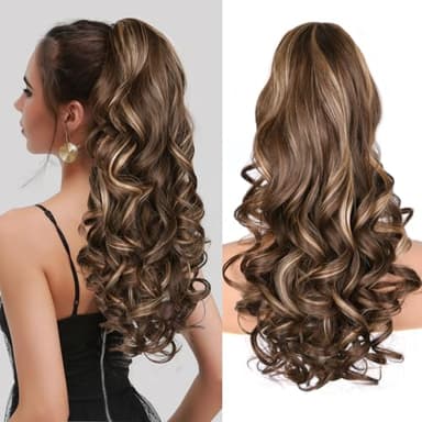 24 Inch Ponytail Extension, Clip on Ponytails for Women, Long Curly Wavy Ponytail Extensions for Women, Synthetic Layered Pony Tails Hair Extensions (Color: Chestnut Brown With Golden Highlights) - Image 1