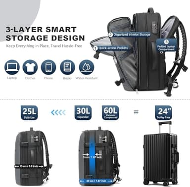 Vacuum Backpack Travel – 60L Expandable Vacpack Backpack with Vacuum Pump/TSA Lock/Laptop Compartment (Fits 17"), Water-Resistant Compression Bag for Flight & Business (Grey) - Image 6