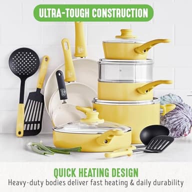 GreenLife 16 Piece Nonstick Cookware Set, Soft Grip Non-Toxic PFAS-Free Ceramic Pots & Pans, Dishwasher & Oven Safe, Frying, Sauce, Saute, Utensils, Glass Lids, Stay-Cool Handles, Wobble Free, Yellow - Image 5