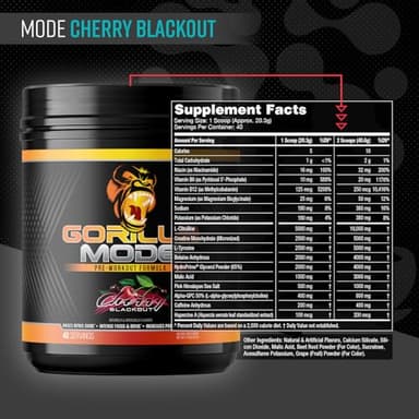Gorilla Mind Pre Workout - Massive Pumps Laser Focus Energy Power - L-Citrulline, Creatine, L-Tyrosine, Betaine, Hydroprime, Alpha-GPC, 400mg Caffeine, Huperzine A - 812g (Cherry) - Image 2