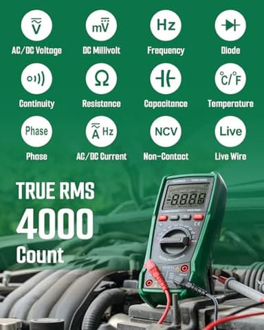 TESMEN TMM-569A Digital Multimeter, TRMS 4000 Counts Ohmmeter, Auto-Ranging Voltage Tester with NCV, Voltage & Current, Resistance, Continuity, Diode, Capacitance, Phase, Temperature, Live Wire -Green - Image 3