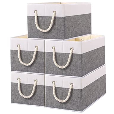 Yawinhe Foldable Storage Basket 5-Pack, Large Fabric Bins with Rope Handle, Used for Organizing Shelves, Closets, Clothes, 12.99''Lx9.05''Wx7.87''H, White/Grey - Image 1