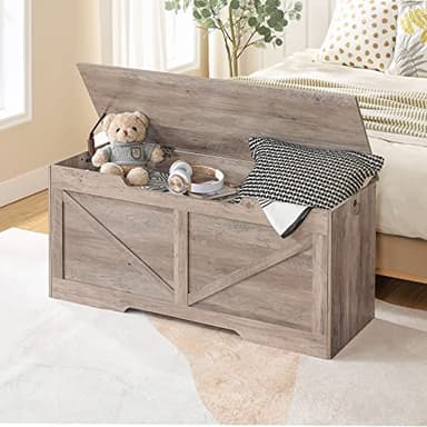 HOOBRO Storage Bench, 43.3” Retro Wooden Storage Chest with U-Shaped Cut-Out Pull, Safety Hinge, Supports 220 lb and Easy Assembly for Toy Box Organizer (Greige) BG772CW01 - Image 3