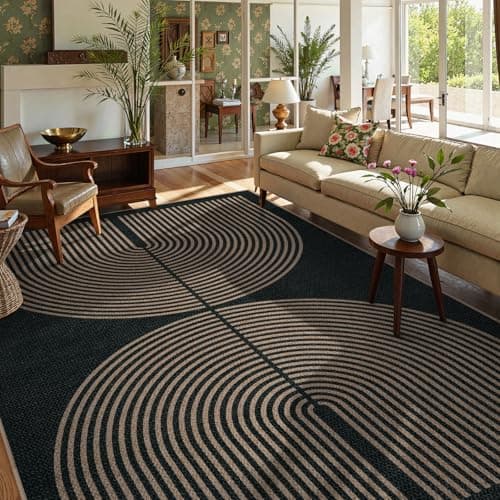 Lahome Modern Rainbow Easy Jute Outdoor Carpet, Washable Rugs 9x12 for Living Room Patio Large Farmhouse Indoor Outdoor Carpet, Contemporary Black Dining Room Rugs for Under Table Office Backyard - Image 1