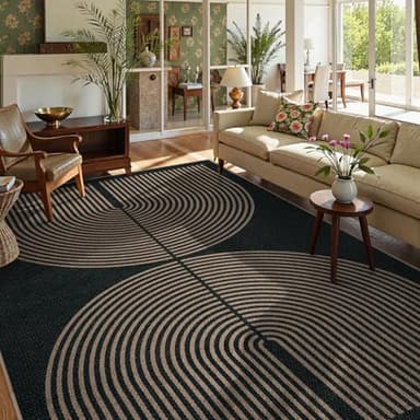 Lahome Modern Rainbow Easy Jute Outdoor Carpet, Washable Rugs 9x12 for Living Room Patio Large Farmhouse Indoor Outdoor Carpet, Contemporary Black Dining Room Rugs for Under Table Office Backyard - Image 1