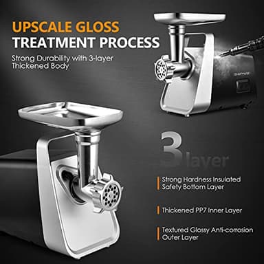 CHEFFANO Meat Grinder Electric, 350W[2000W Max] Electric Meat Grinder, Molino De Carne, Meat Mincer with Stainless Steel 2 Blades and 3 Plates, Sausage Staff Maker & Kubbe Kit for Home Kitchen Use - Image 6
