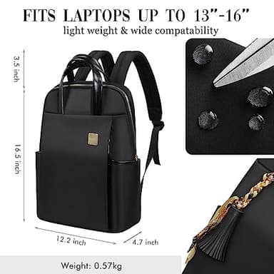 Laptop Backpack for Women Slim Travel - Laptop Bag Computer Case Fit up to 15.6-inch Notebook Lightweight Medium Size Purse for Work Bookbag Water-resistant Business Fashion Stylish Nylon Black - Image 3
