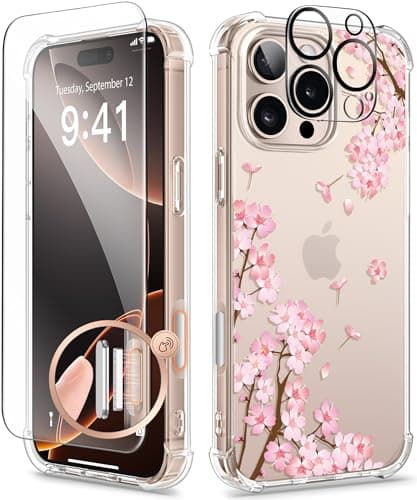 GVIEWIN for iPhone 16 Pro Max Case with Screen Protector & Camera Lens Protector, [Military Grade Protection] Clear Shockproof Slim Floral Phone Cover for Women Girls 6.9" (Sakura/Pink) - Image 1