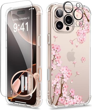 GVIEWIN for iPhone 16 Pro Max Case with Screen Protector & Camera Lens Protector, [Military Grade Protection] Clear Shockproof Slim Floral Phone Cover for Women Girls 6.9" (Sakura/Pink) - Image 1