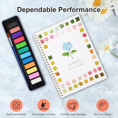Watercolor Workbooks - Flowers, Beginner-Friendly Watercolor Workbooks, 12 Colors Water color Book Paint Set with Paint Brush - Image 4