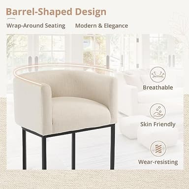 LUE BONA 27" H Counter Height Bar Stools Set of 2, Modern Barrel Counter Stools with Backrest and Arms, Black Metal Frames, Linen Fabric Upholstered Accent Barstools for Kitchen Island, Linen Color - Image 6